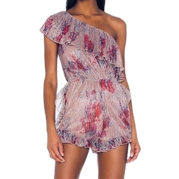Michael Costello Pants - Michael Costello X Revolve Shimmering Ruffled One Shoulder Romper Size S